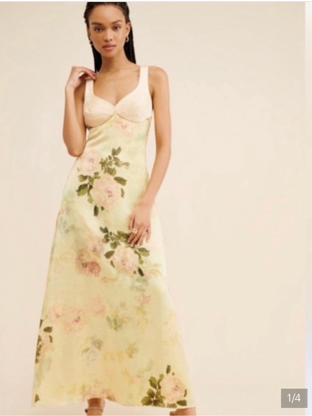 Anthropologie Pale Yellow Floral Slip Maxi Dress